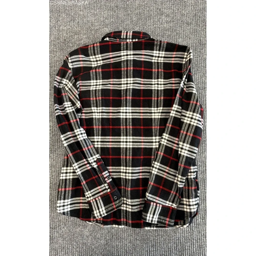 CHAPS Red Black White Womens Full Zip Flannel Shirt Jacket Plaid Long Sleeve - L